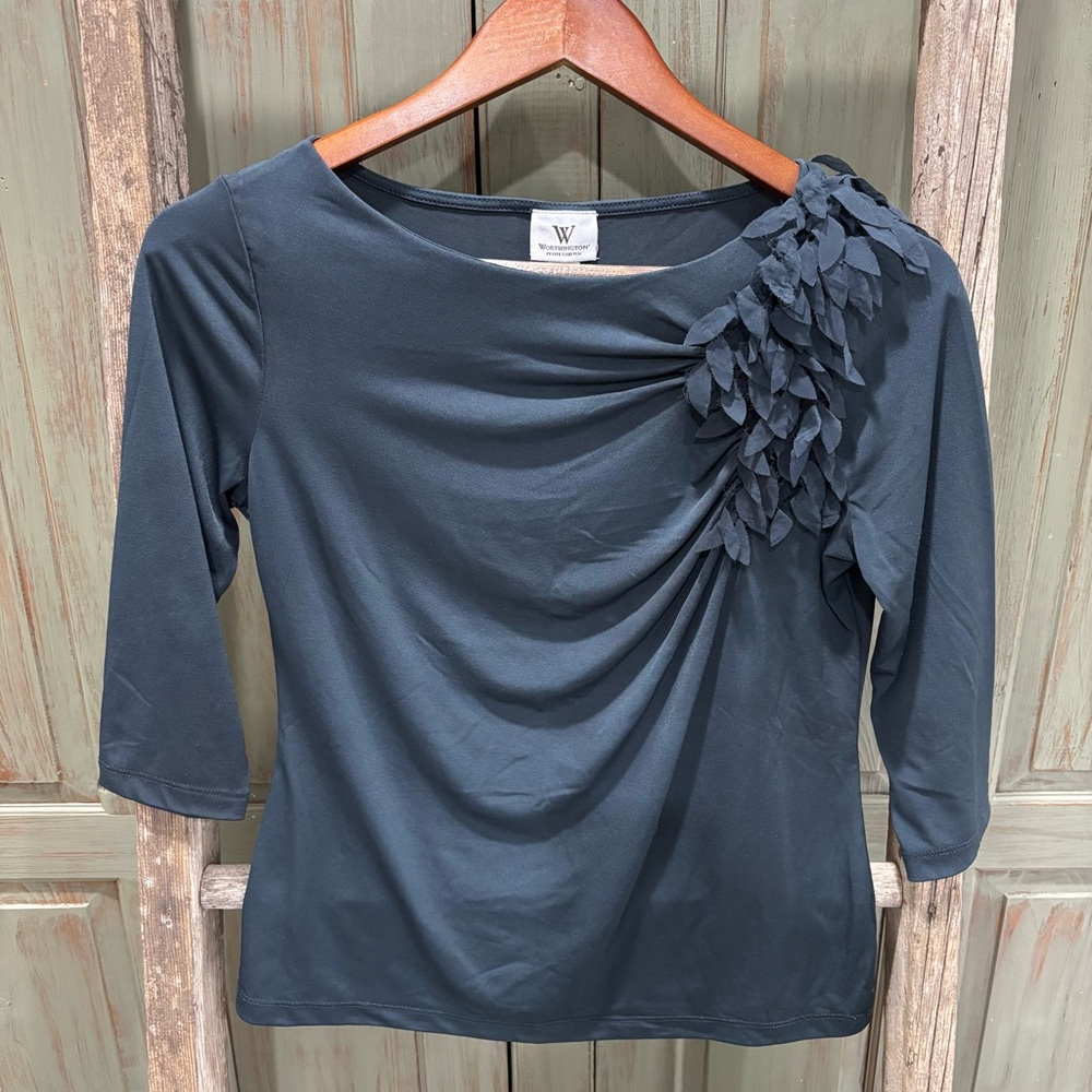Worthington Blouse Gray 3D Flowers SP